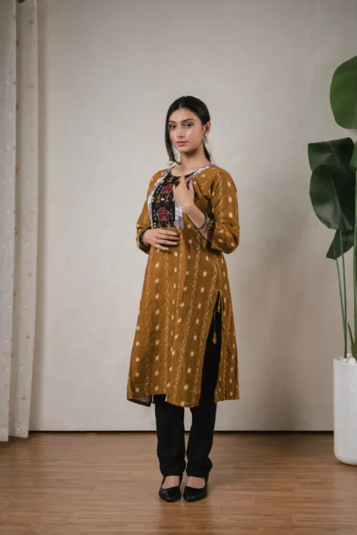 SA Mustard Tribal Design Sambalpuri Kurti