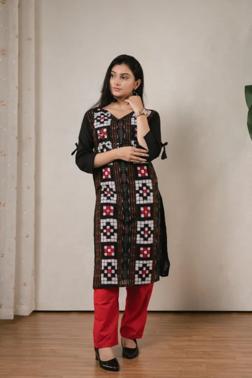 SA Black & Red Mirror Work Sambalpuri Kurti