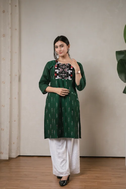 SA Bottle Green Sambalpuri Kurti