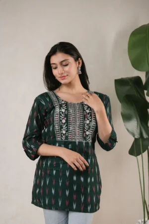 SA Sequence Thread Work short Kurti - Green