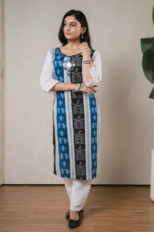 SA Blue & White Mirror Work Sambalpuri kurti