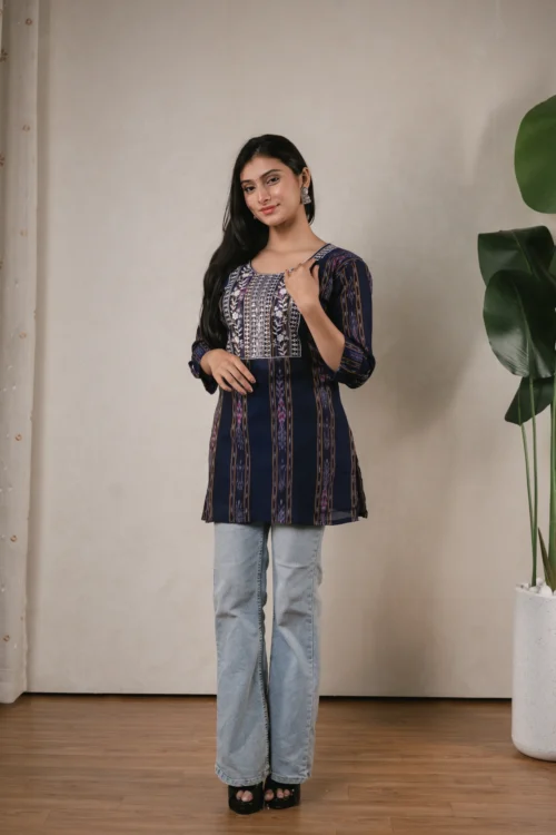 SA Sequence Thread Work Short Kurti – Navy Blue